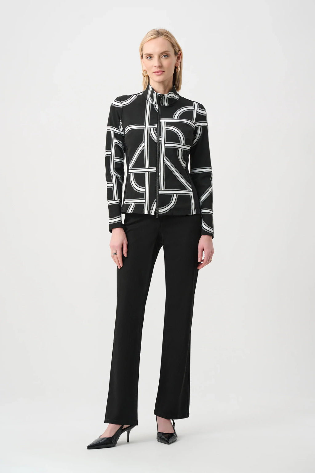 Jacquard Knit Geometric Fitted Jacket- Black/ Off White