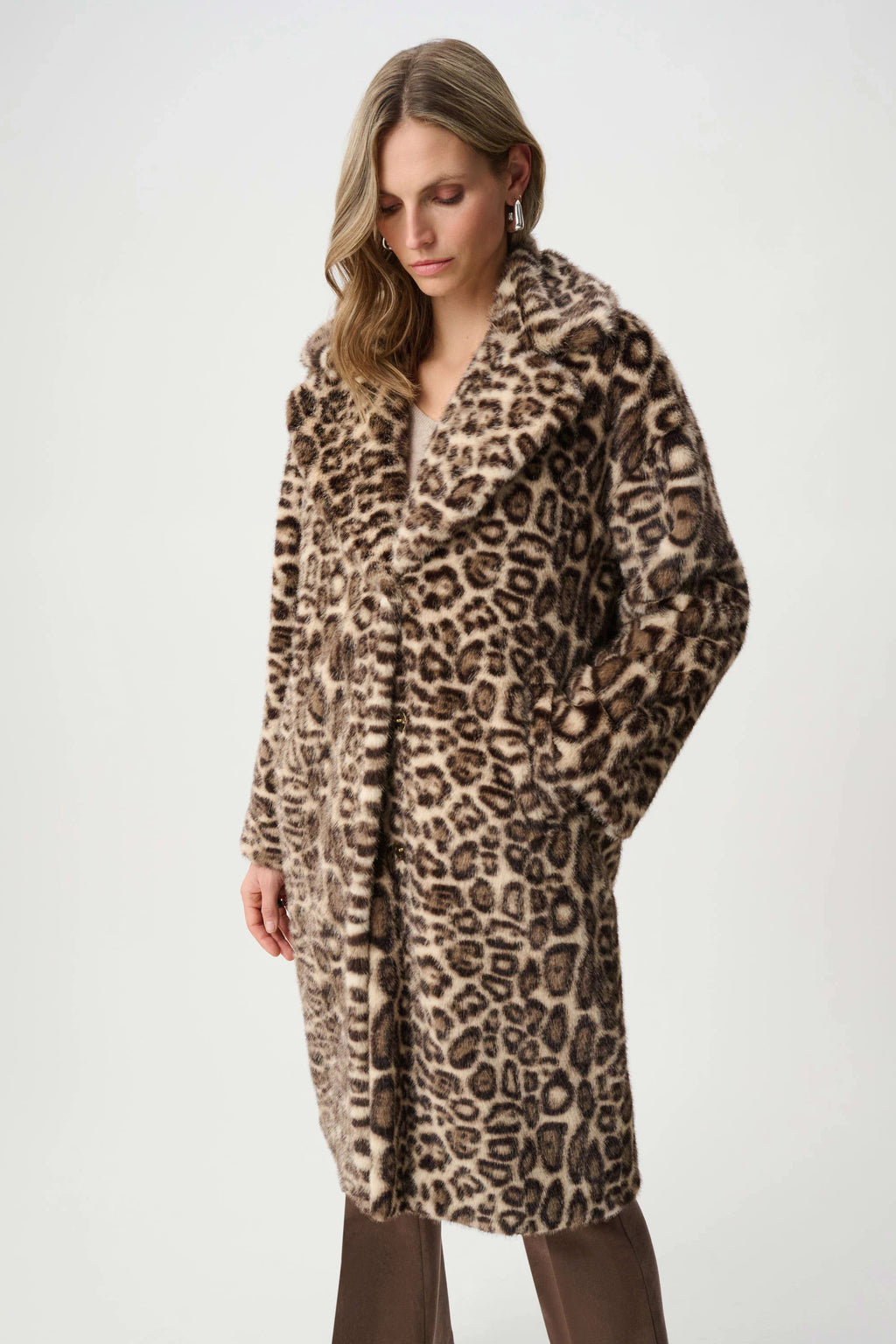 Faux Fur Leopard Print Straight Coat- Beige/Multi