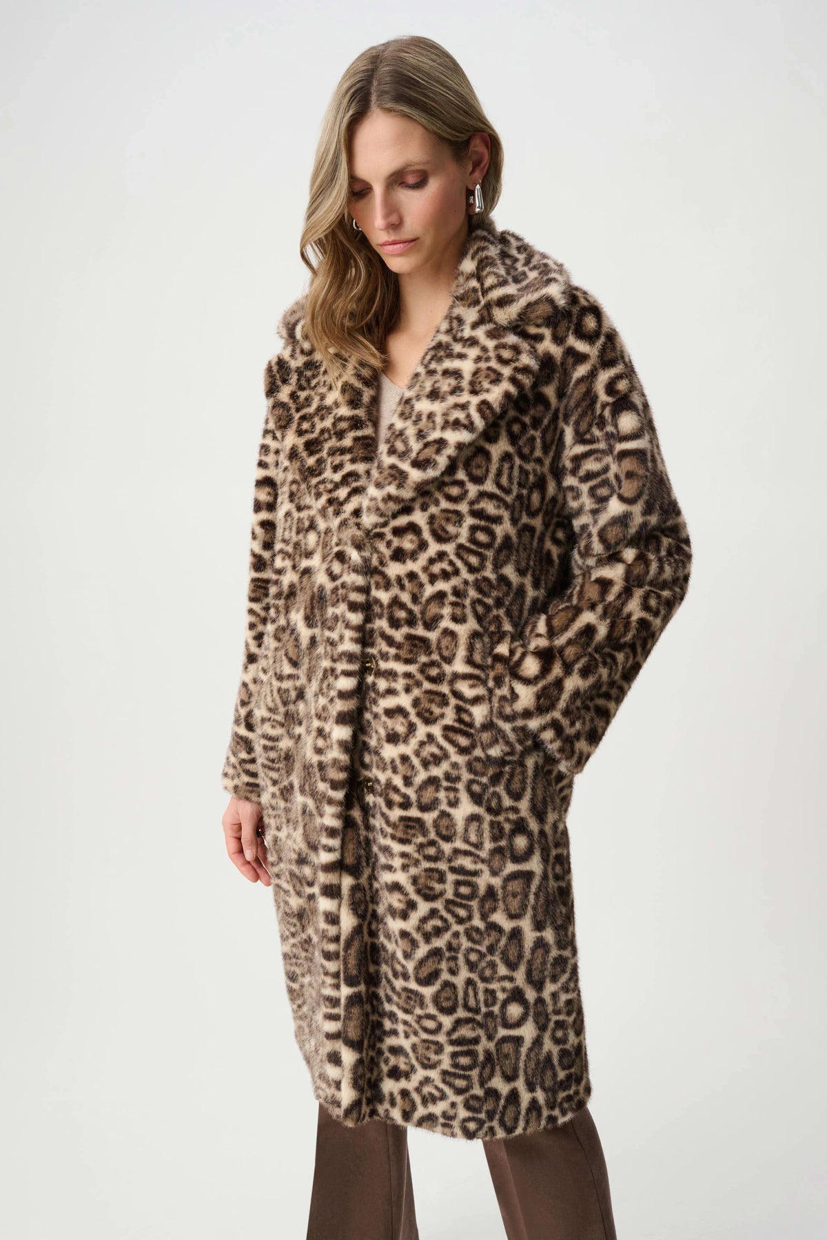 Faux Fur Leopard Print Straight Coat- Beige/Multi