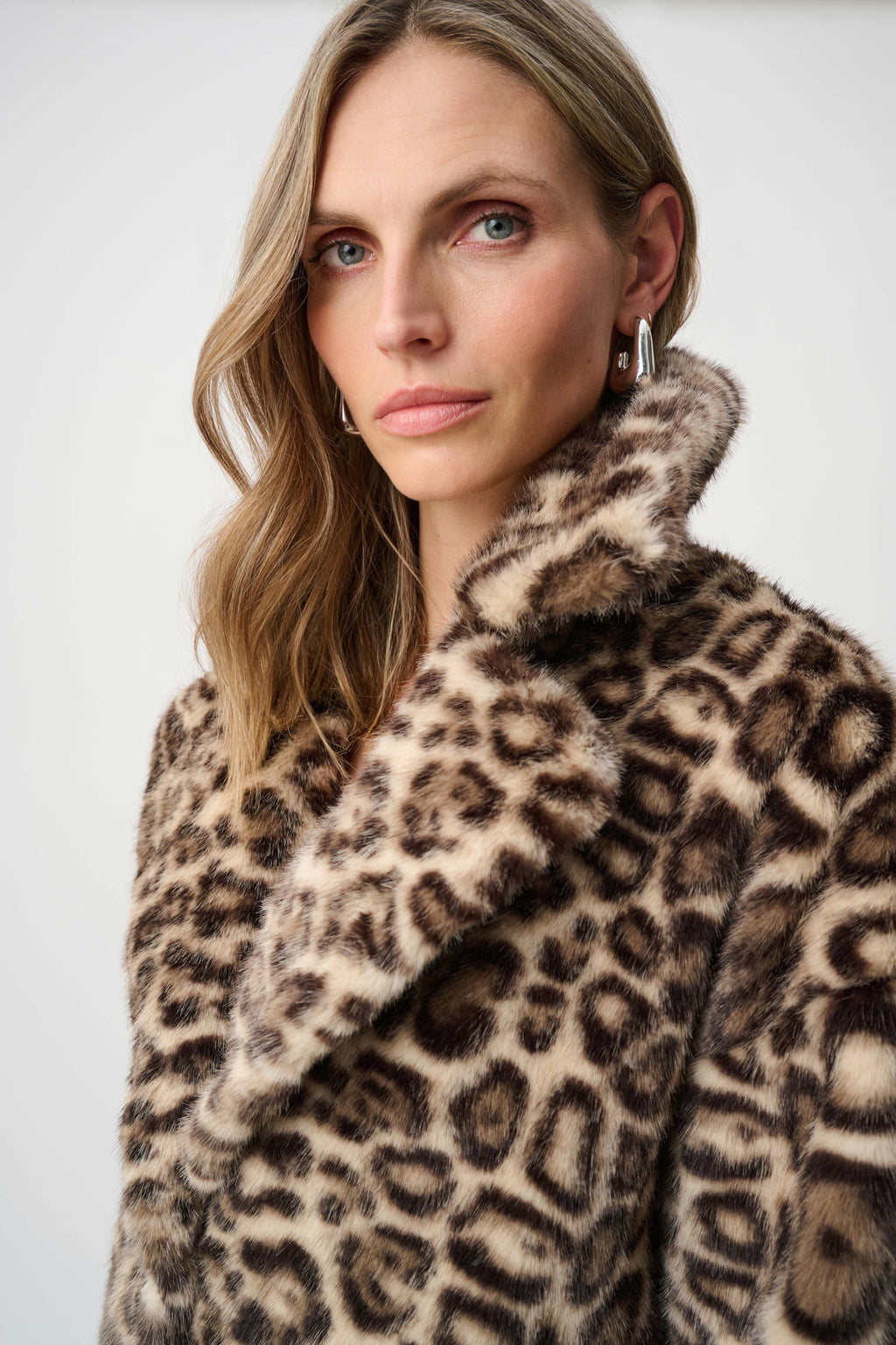 Faux Fur Leopard Print Straight Coat- Beige/Multi