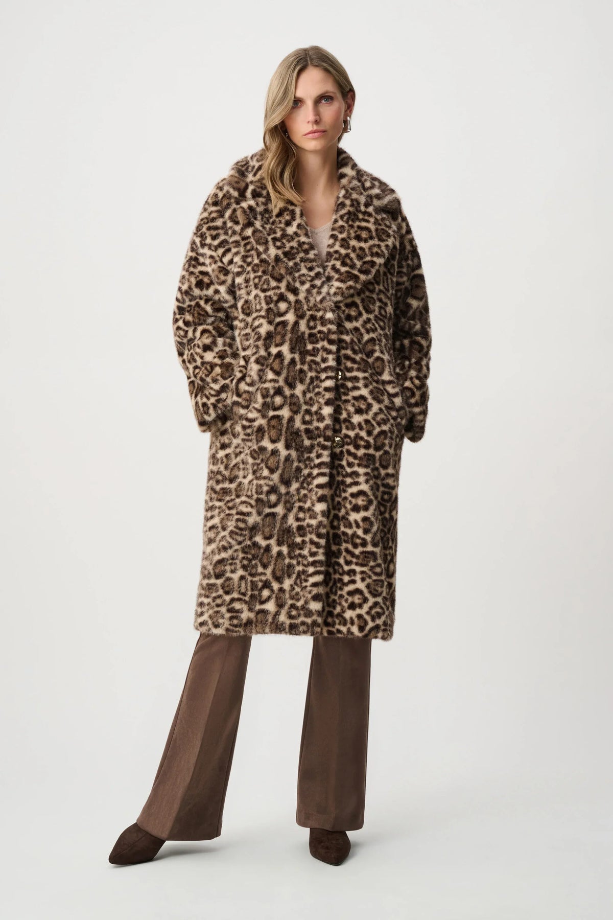 Faux Fur Leopard Print Straight Coat- Beige/Multi