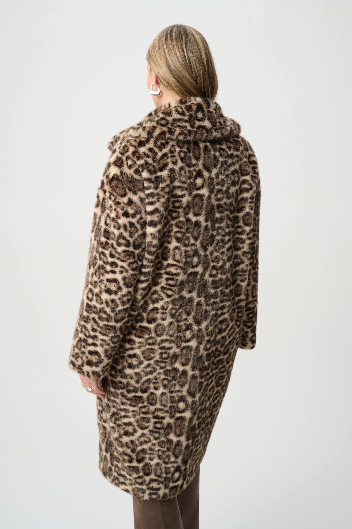 Faux Fur Leopard Print Straight Coat- Beige/Multi
