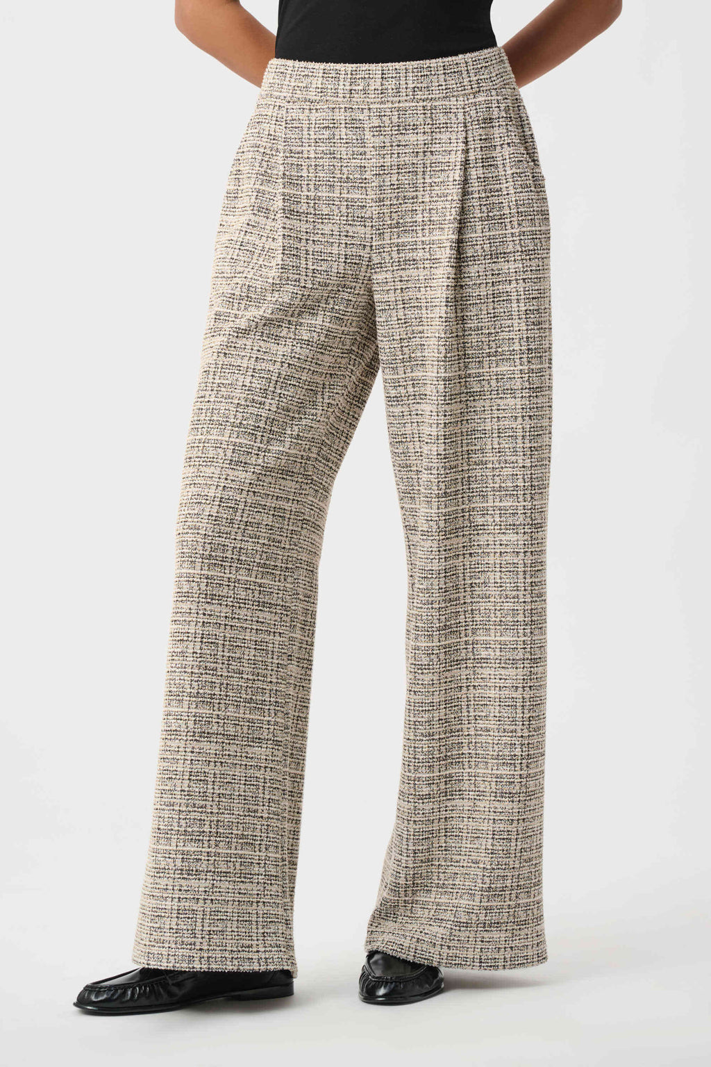 Plaid Boucle Wide-Leg Pants- Beige/ Multi