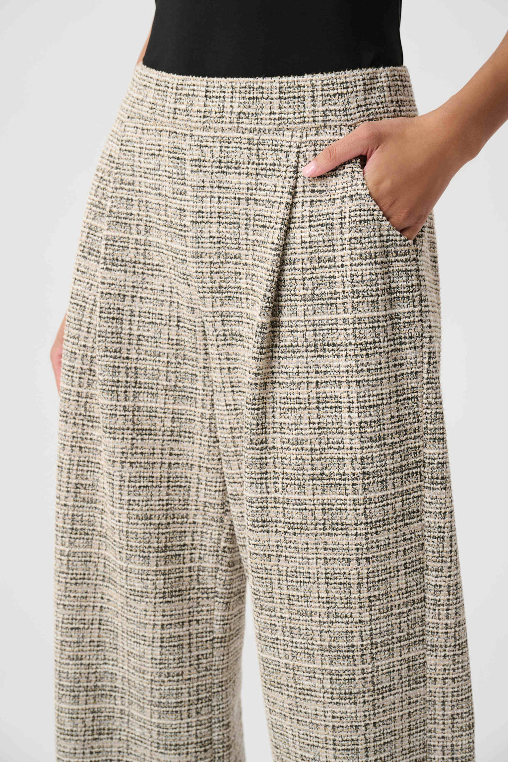 Plaid Boucle Wide-Leg Pants- Beige/ Multi
