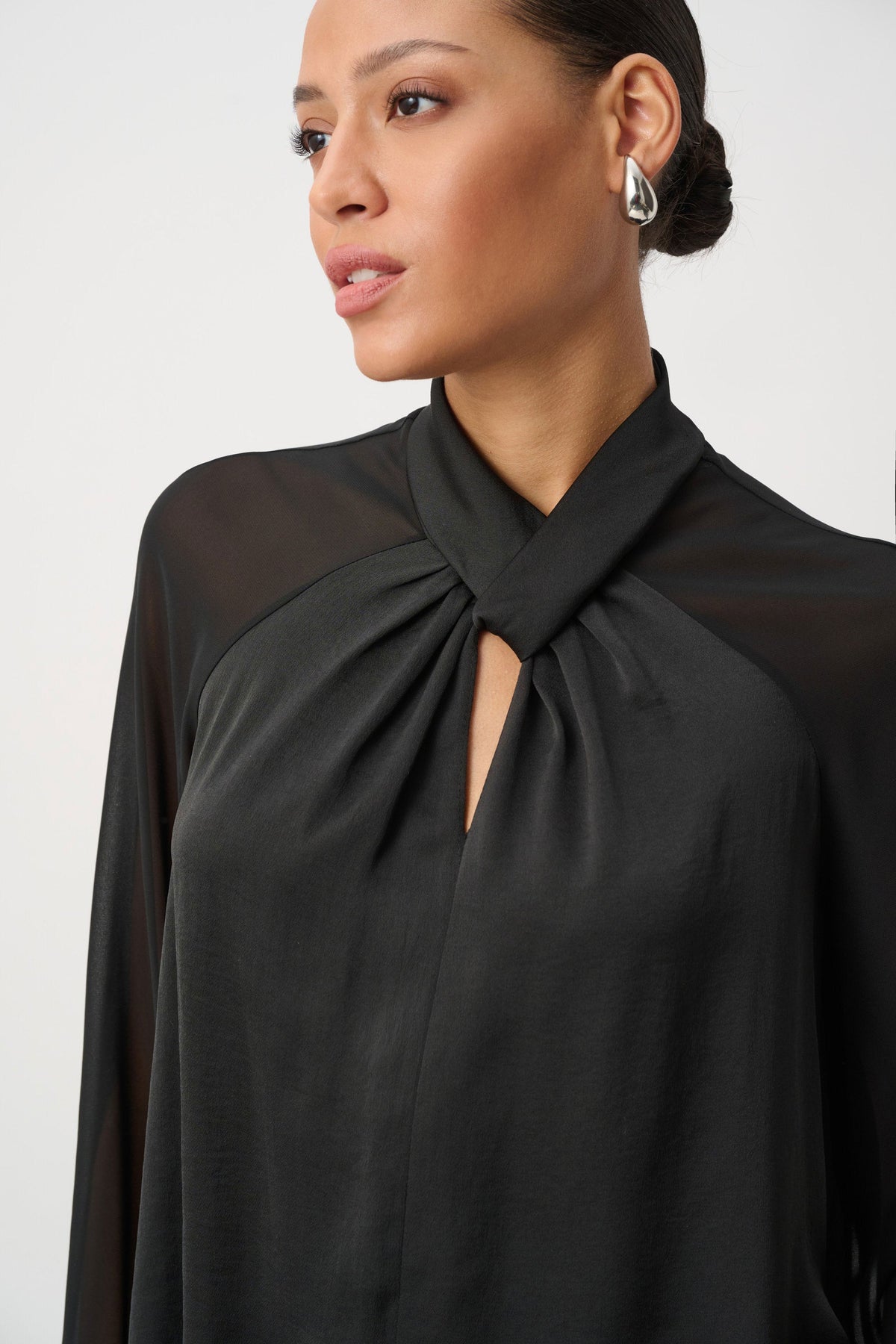 Satin Top With Chiffon Sleeves- Black