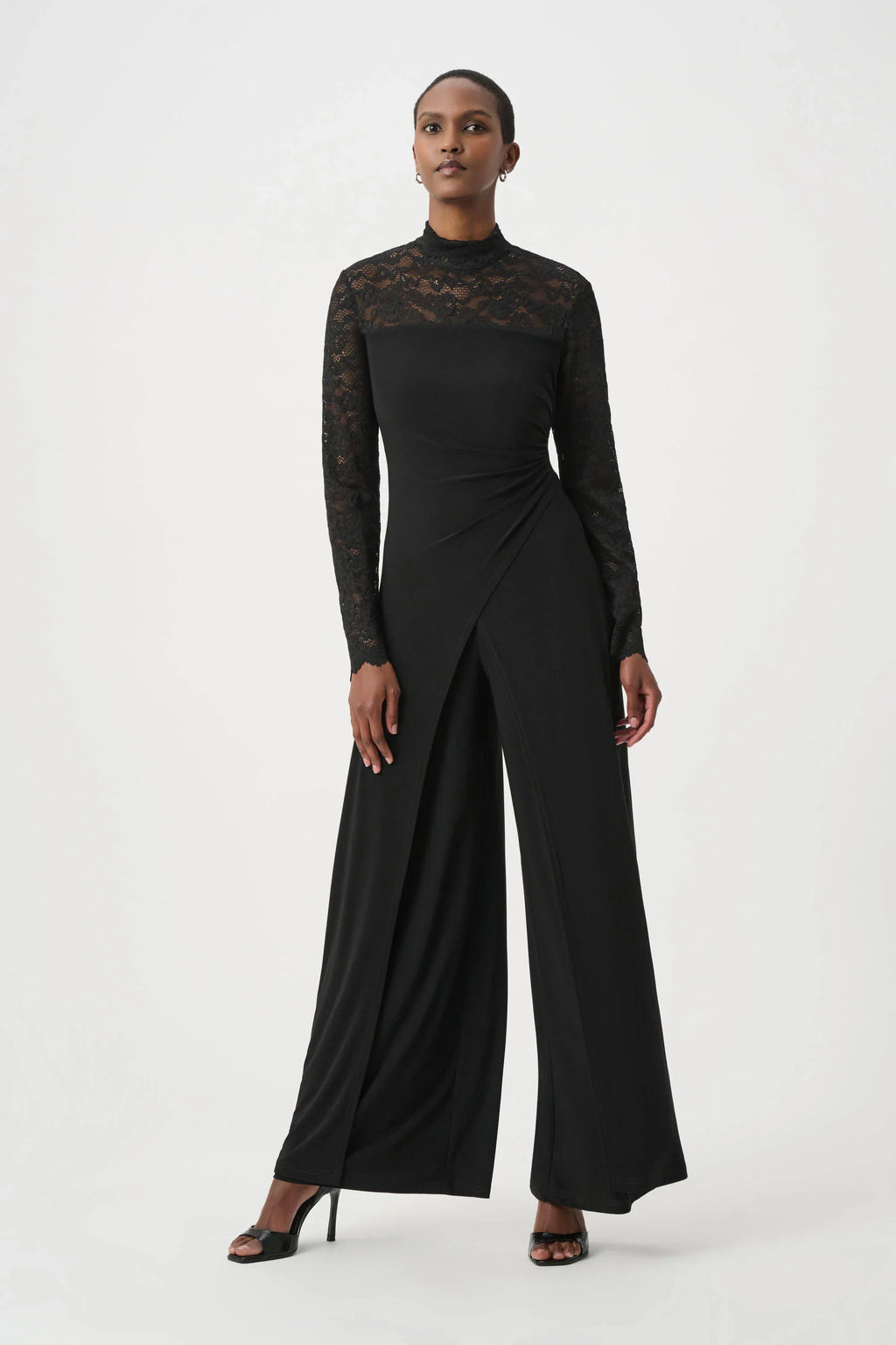 Sheer Lace Sleeve Wide-Leg Jumpsuit- Black