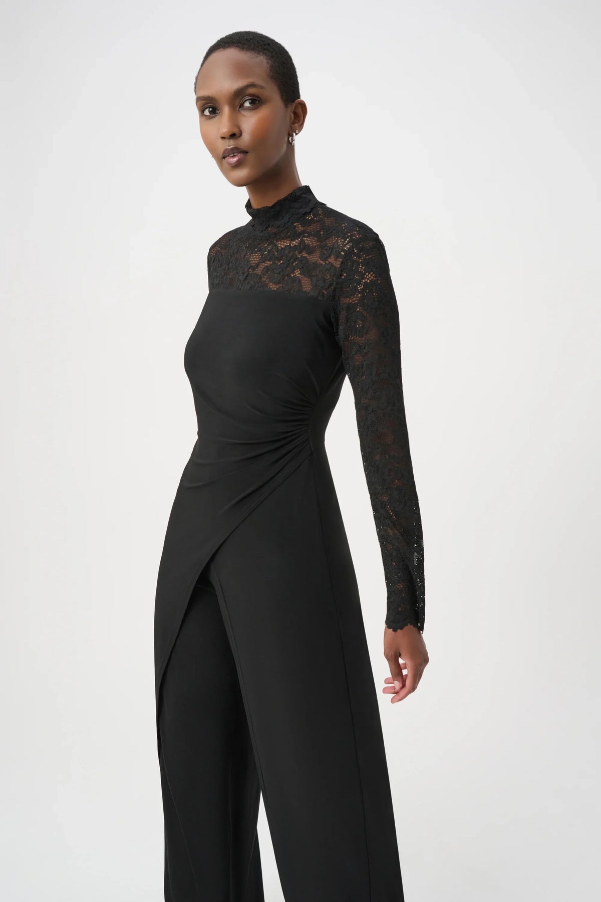 Sheer Lace Sleeve Wide-Leg Jumpsuit- Black
