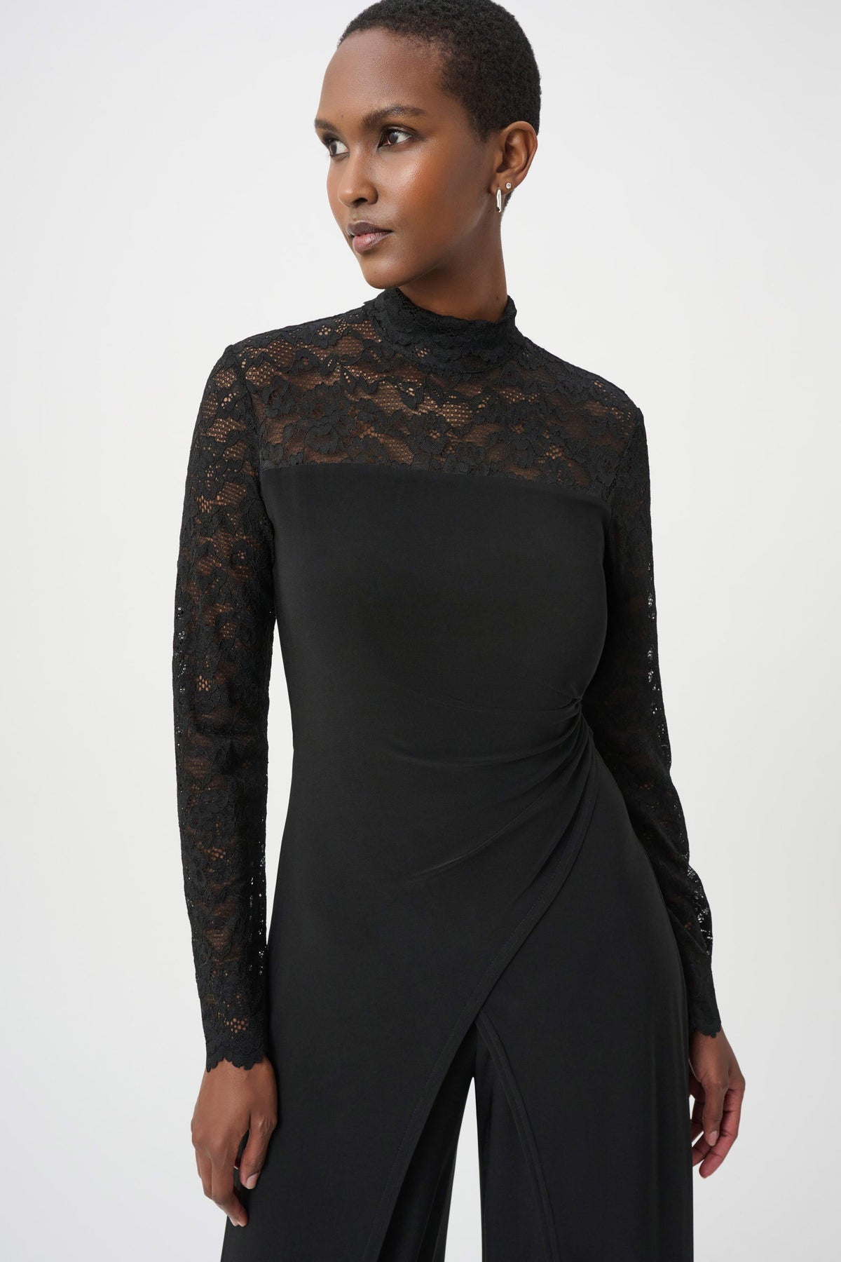 Sheer Lace Sleeve Wide-Leg Jumpsuit- Black