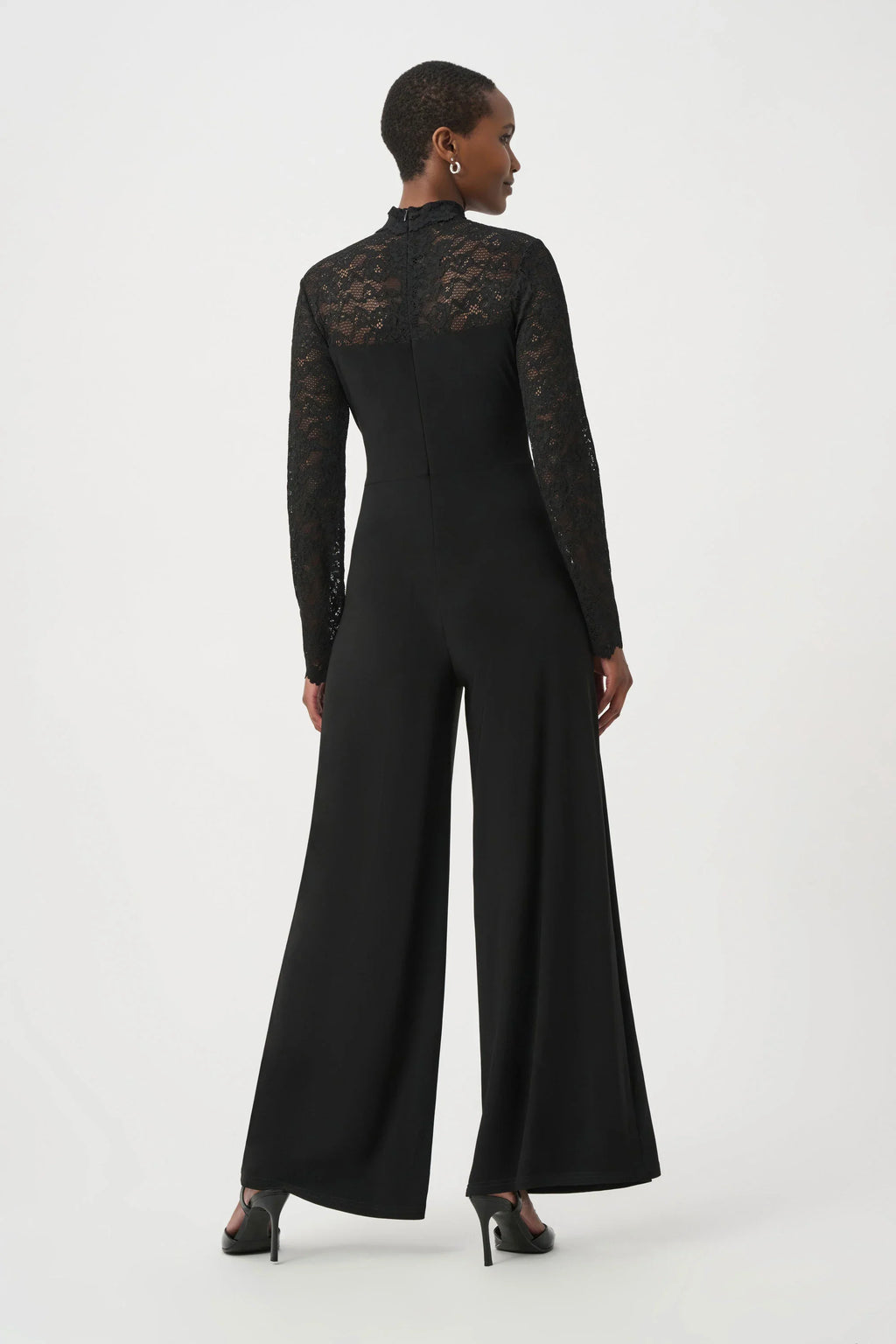 Sheer Lace Sleeve Wide-Leg Jumpsuit- Black