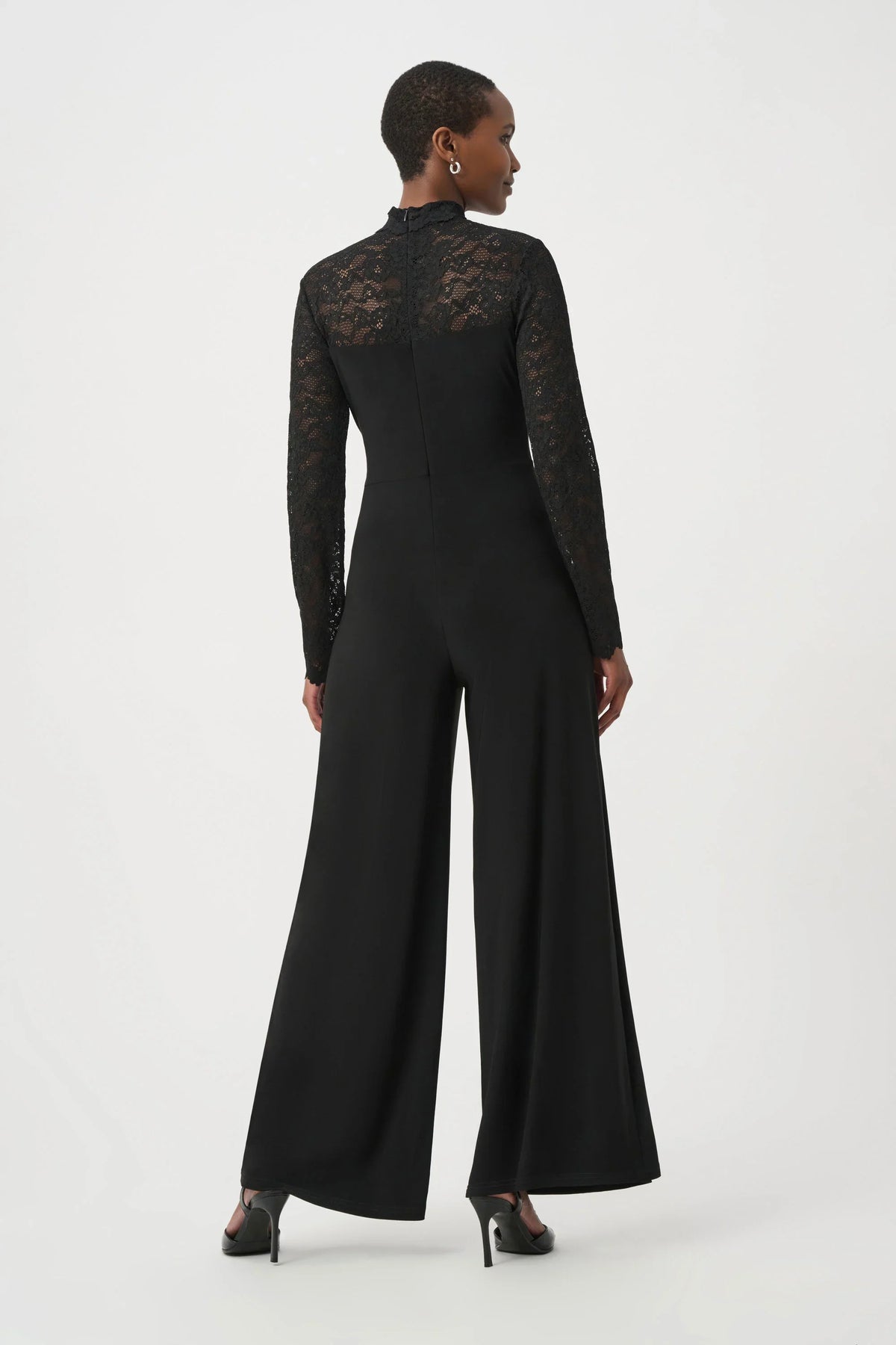 Sheer Lace Sleeve Wide-Leg Jumpsuit- Black