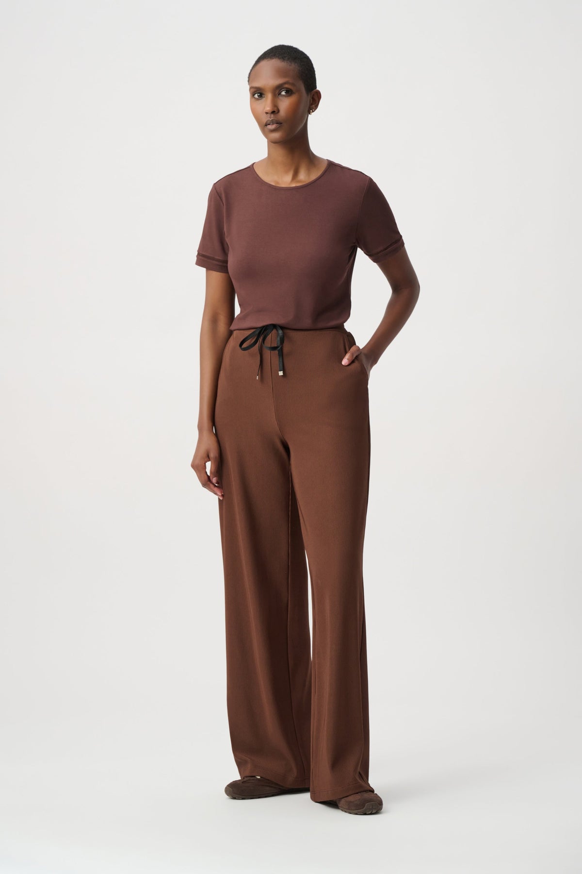 Rib Knit Wide-Leg Pull-On Pants- Mahogany