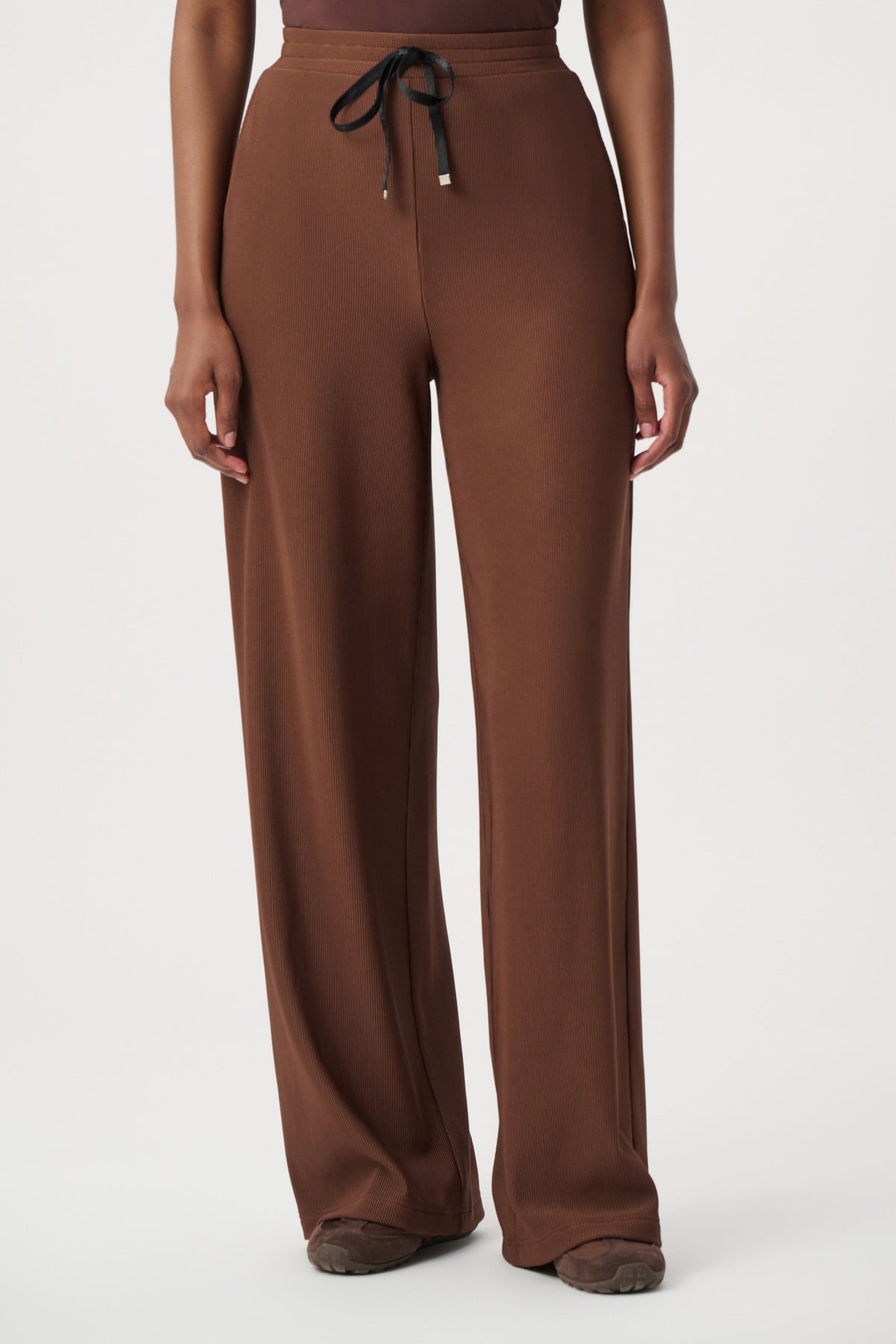 Rib Knit Wide-Leg Pull-On Pants- Mahogany