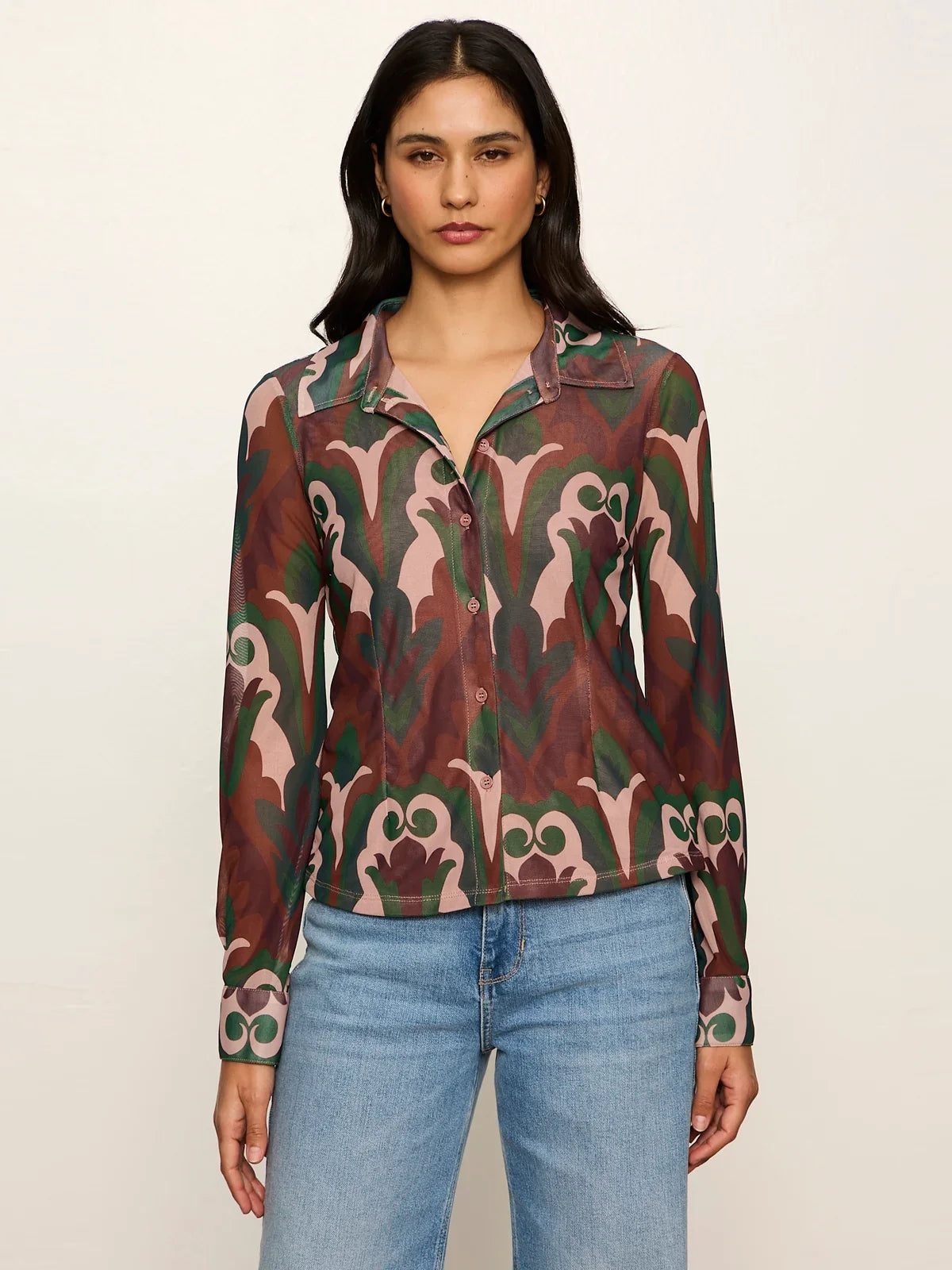 Fitted Mesh Button Down- Night Deco