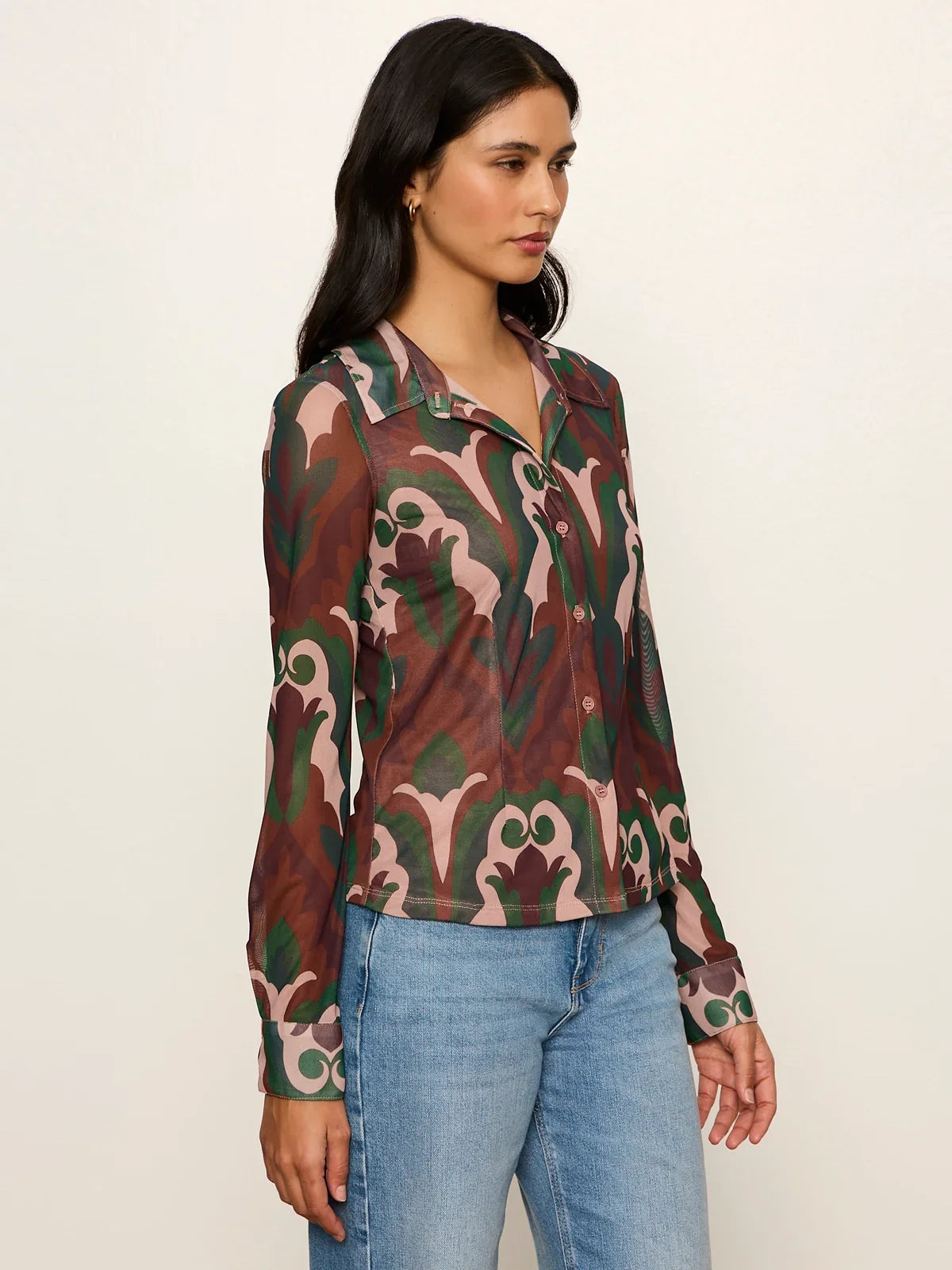 Fitted Mesh Button Down- Night Deco