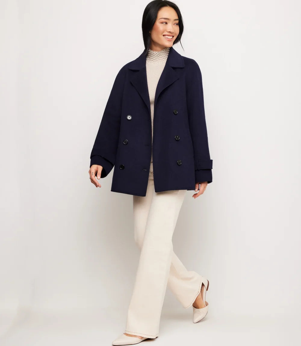 Brushed Double-Breasted Peacoat- Navy