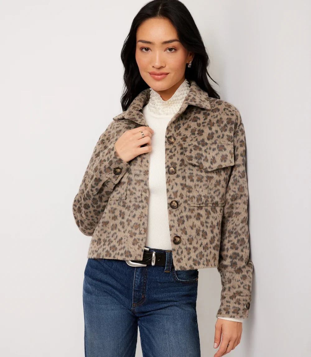 Brushed Faux Fur Shirt Jacket- Leopard