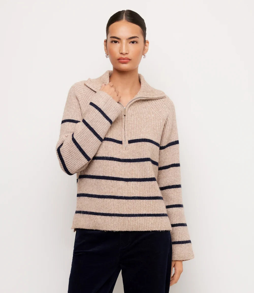 Stripe Half-Zip Sweater- Oatmeal/Navy