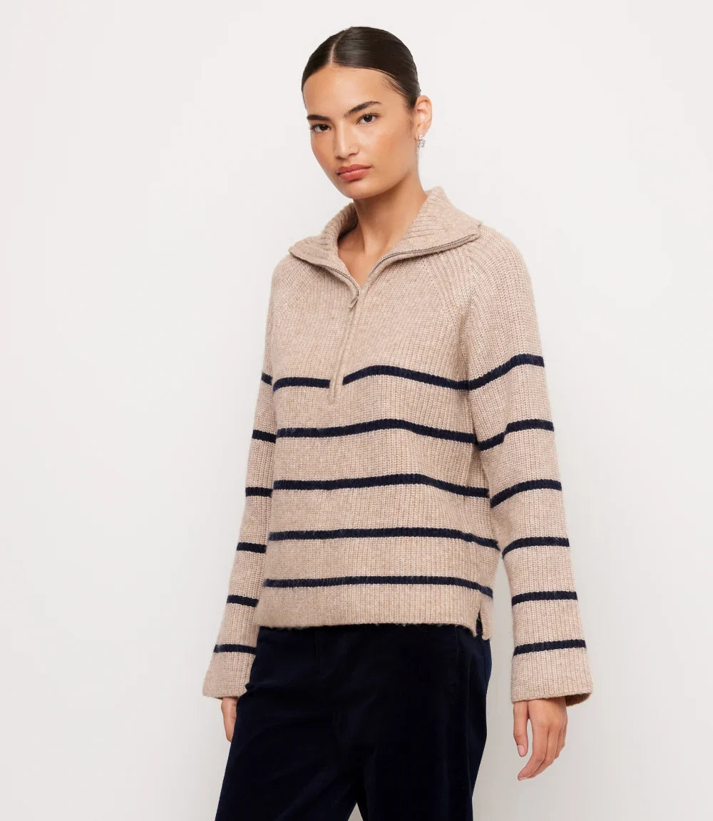Stripe Half-Zip Sweater- Oatmeal/Navy