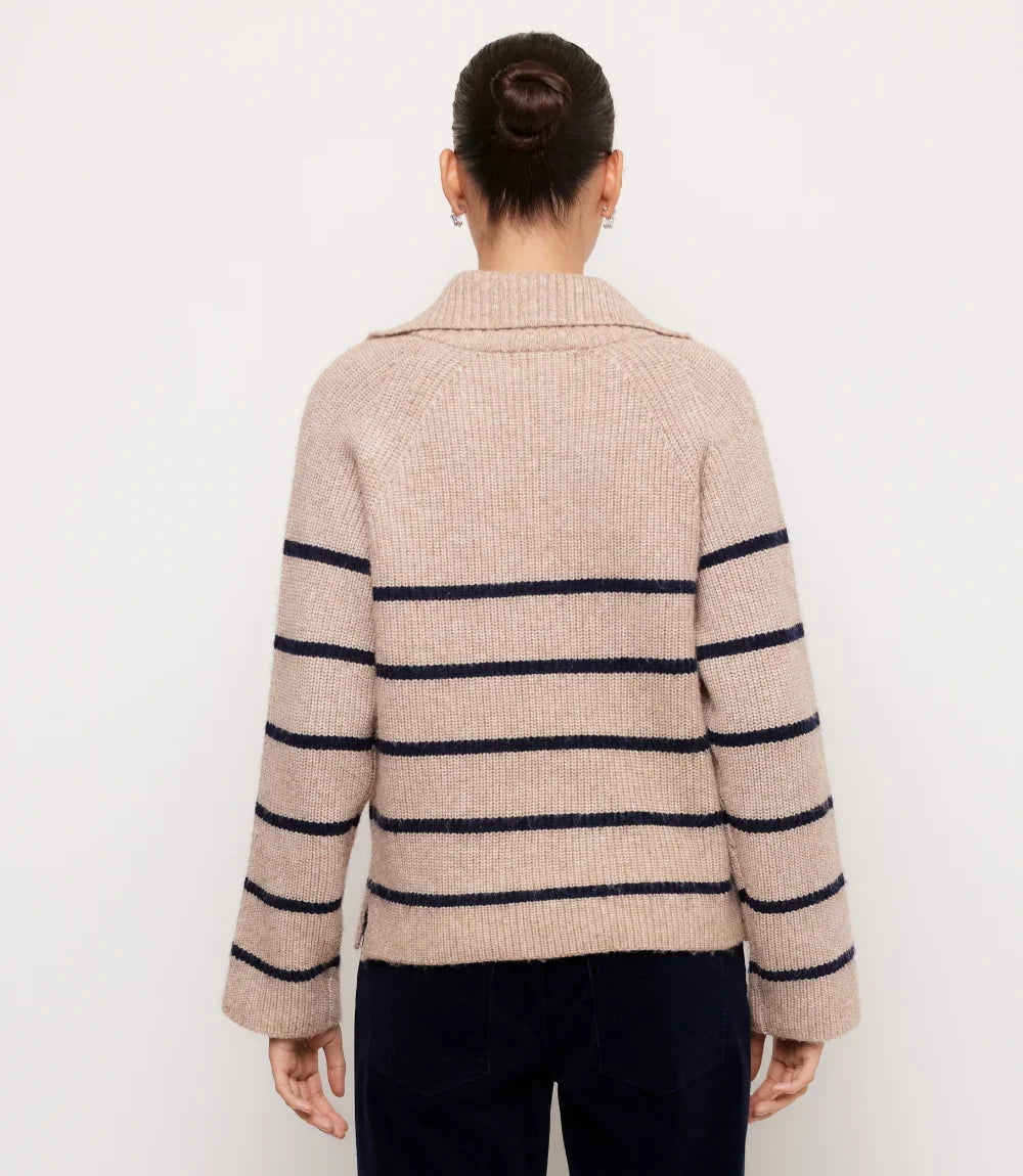 Stripe Half-Zip Sweater- Oatmeal/Navy