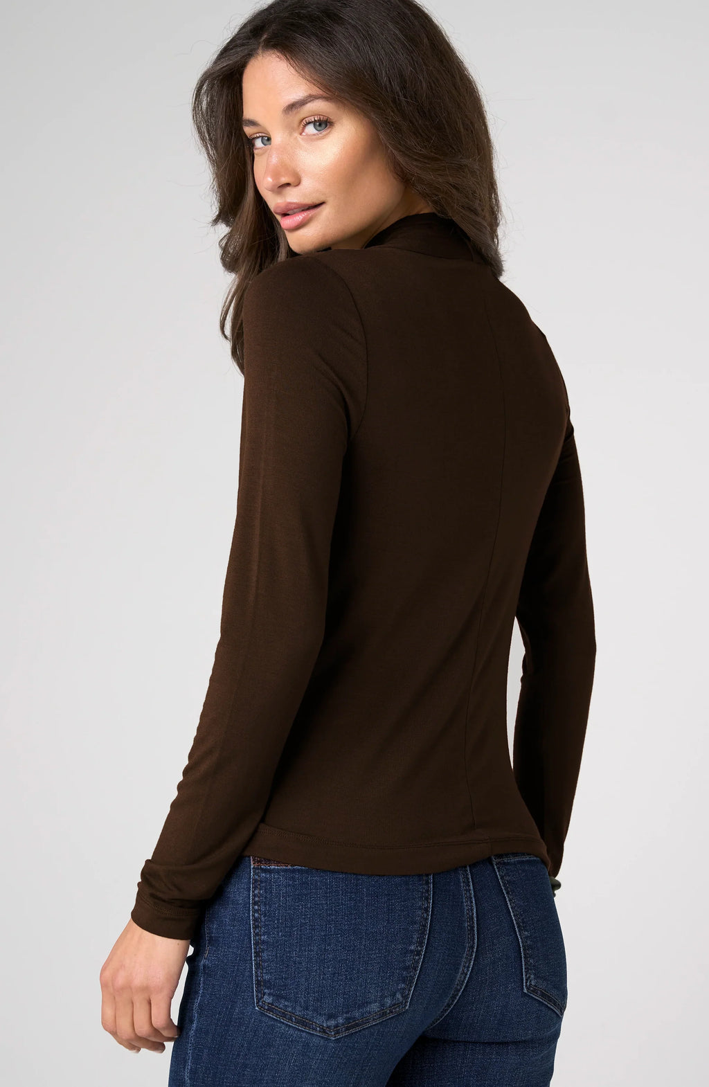 Long Sleeve Wrap Neck Knit Top- Java