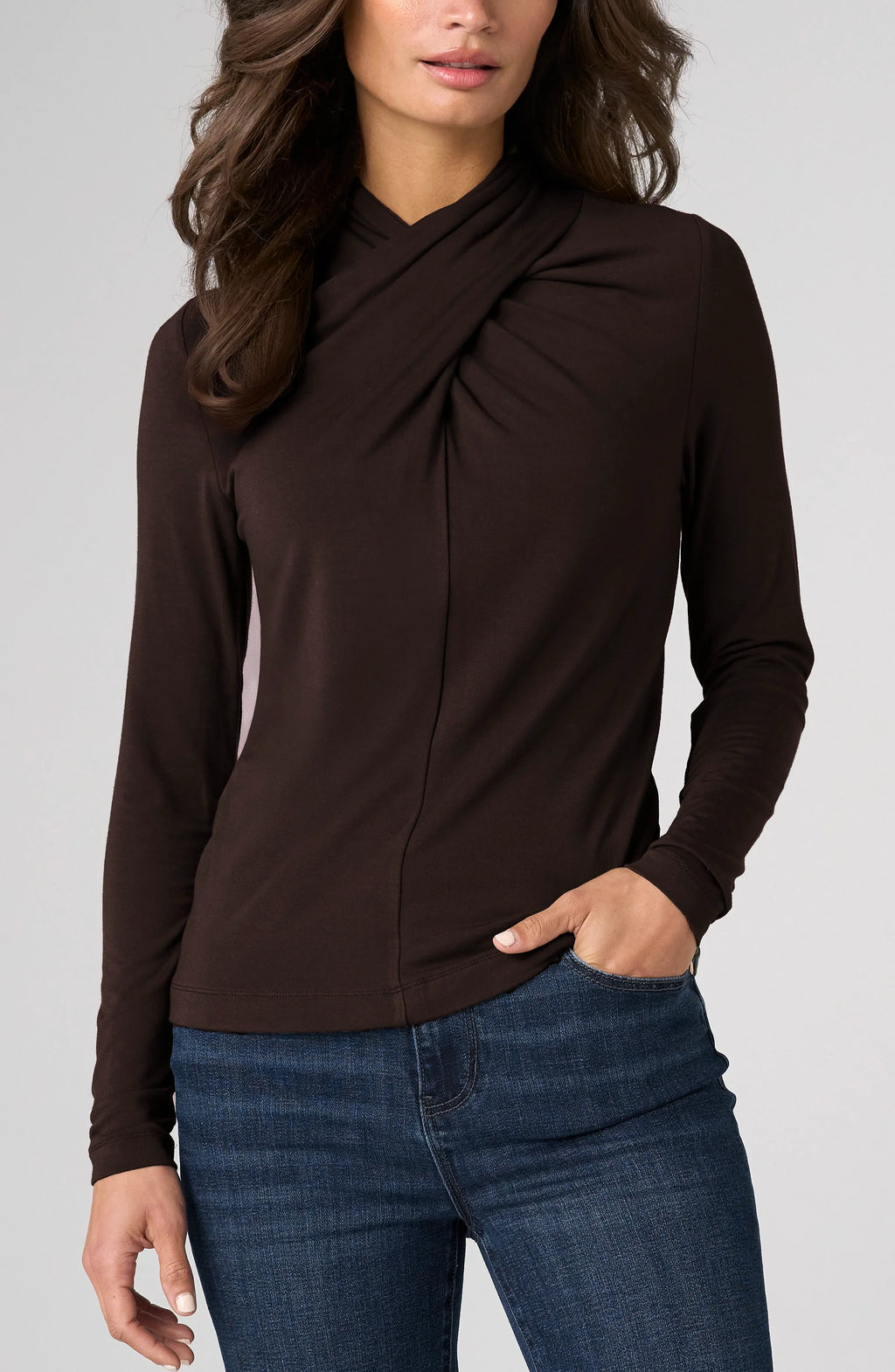 Long Sleeve Wrap Neck Knit Top- Java