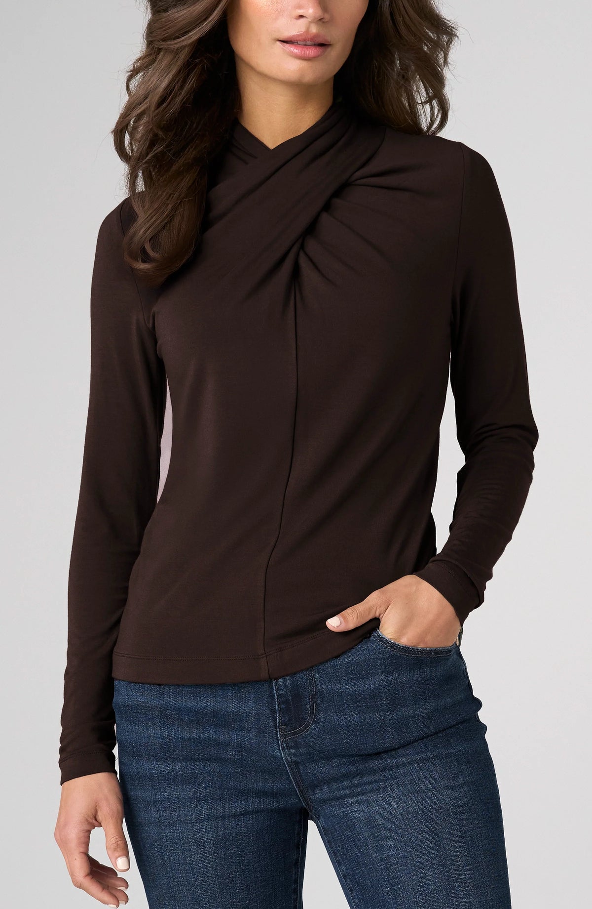 Long Sleeve Wrap Neck Knit Top- Java