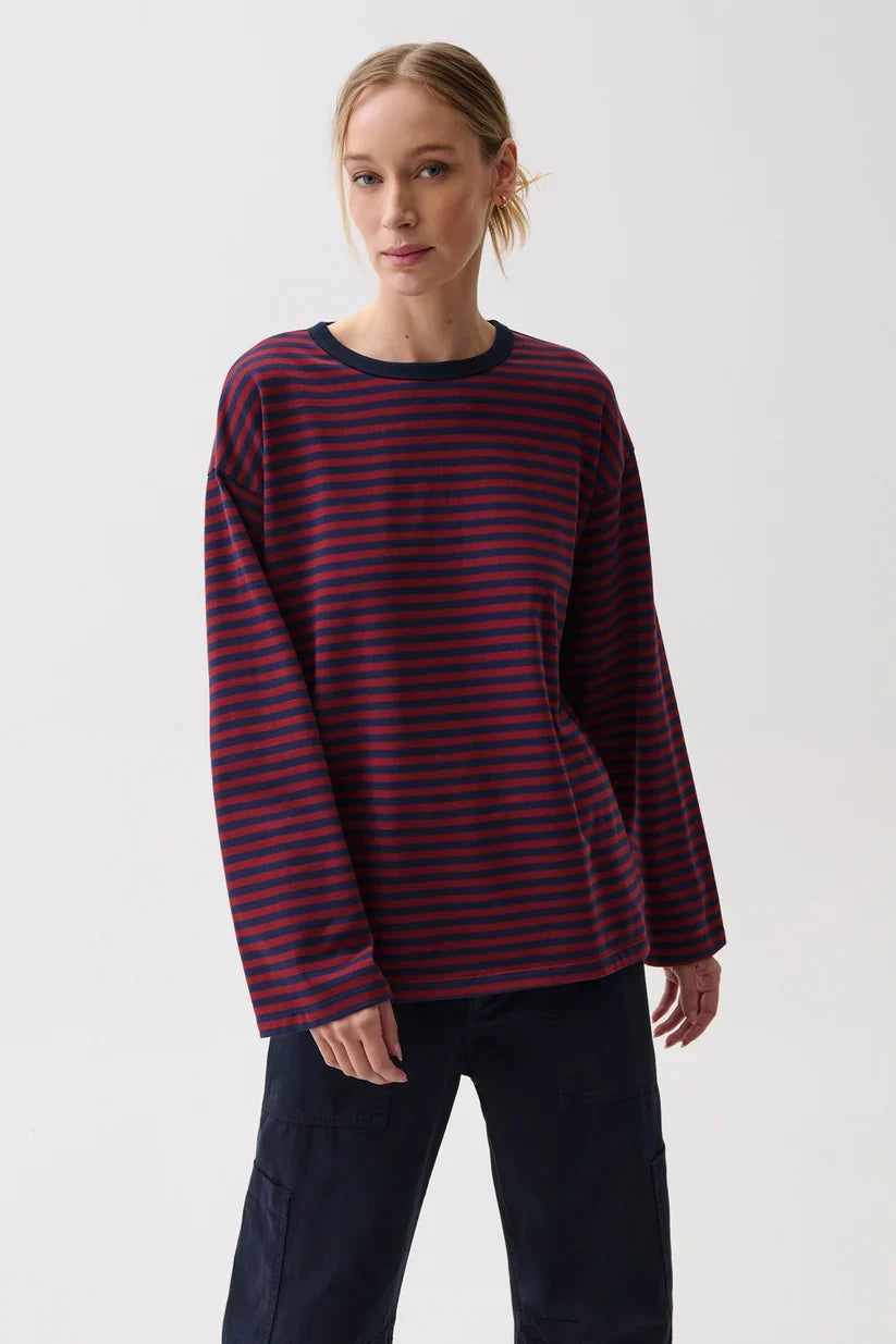 Reena Oversized Long Sleeve Tee- Velvet Navy Stripe