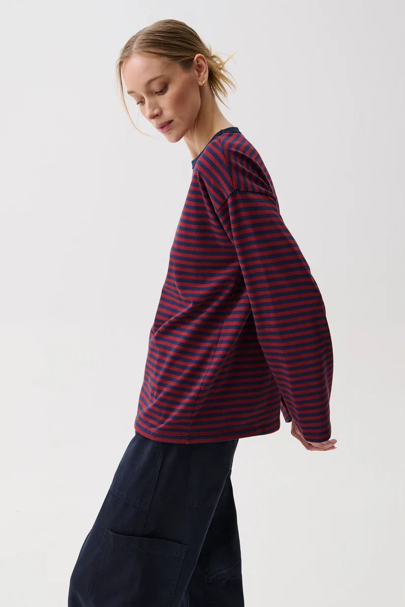 Reena Oversized Long Sleeve Tee- Velvet Navy Stripe
