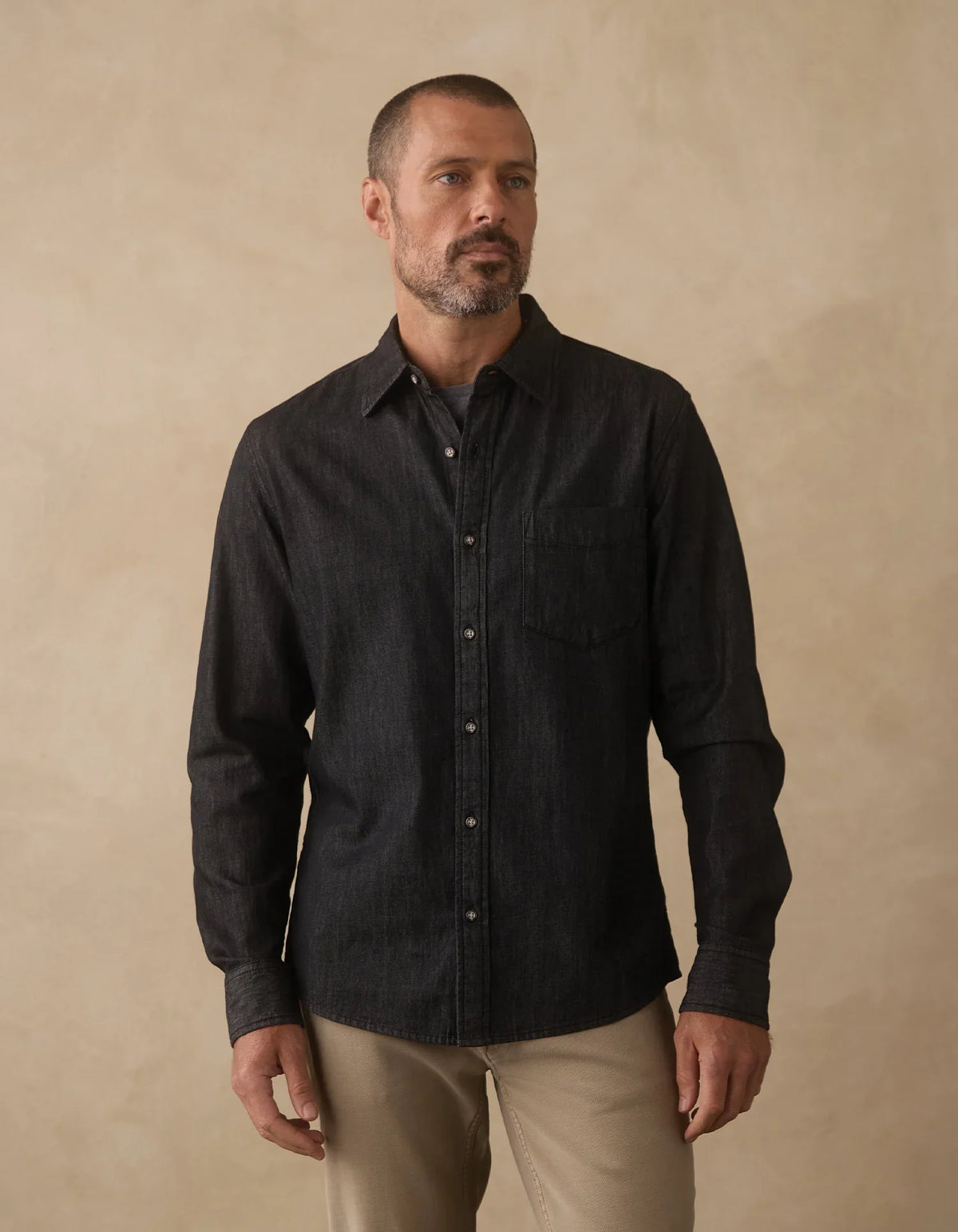Cotton Denim Long Sleeve Button Up- Washed Black
