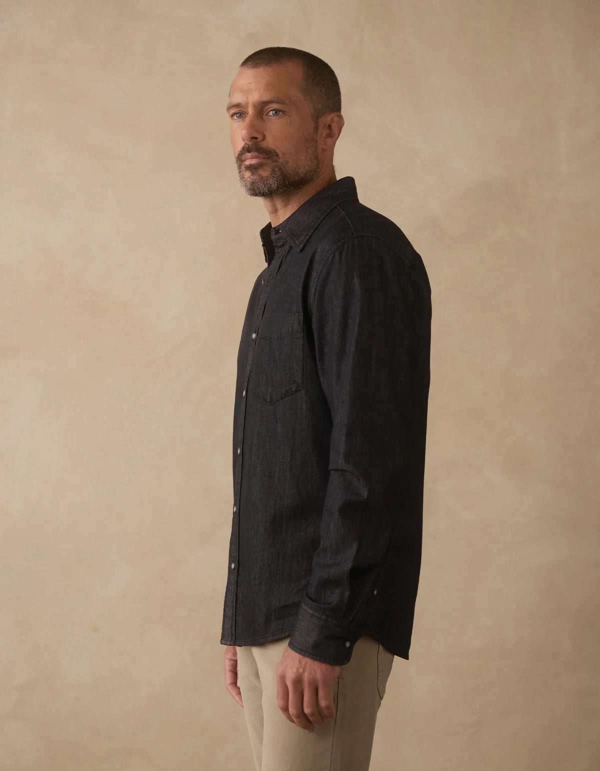Cotton Denim Long Sleeve Button Up- Washed Black