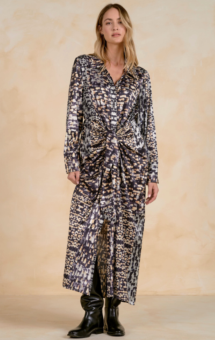 Long Sleeve Dress w/ Tie Waist- Black Static