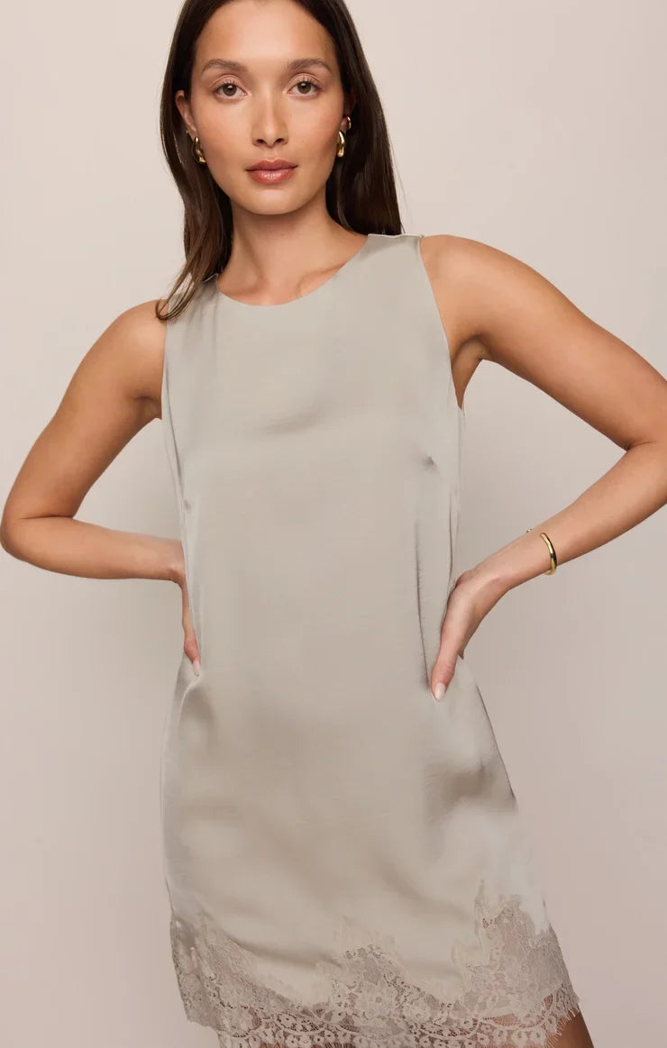 Meadow Muse Lace Trim Mini Dress- Frosted Pearl