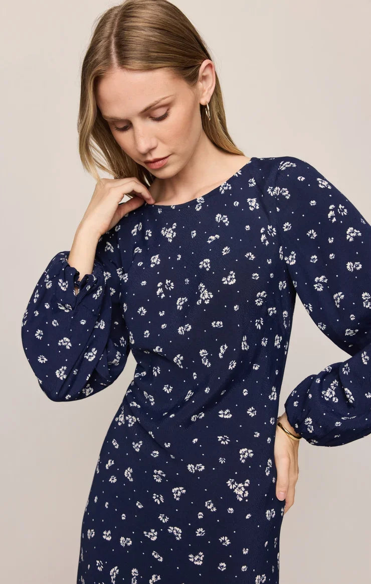 Midnight Tansy Floral Midi Dress- Oxford Blue