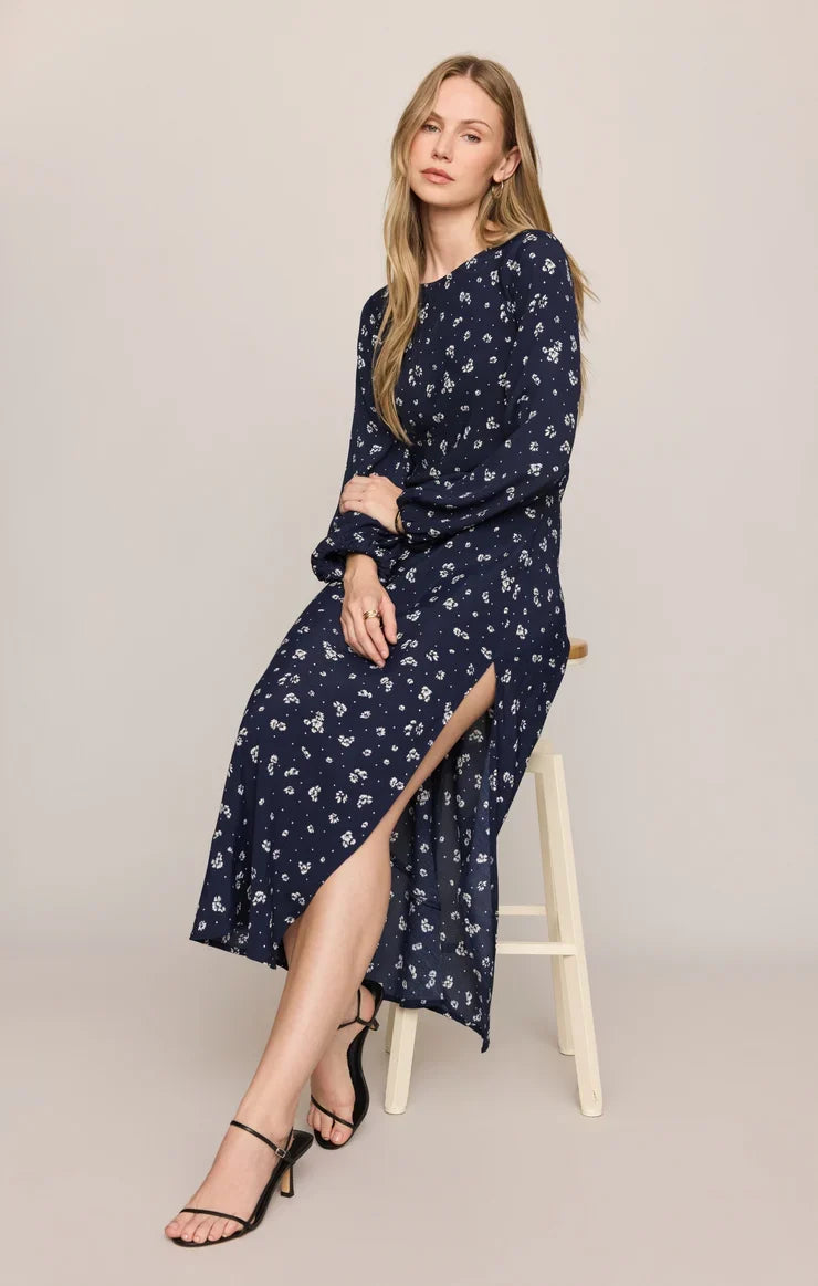 Midnight Tansy Floral Midi Dress- Oxford Blue