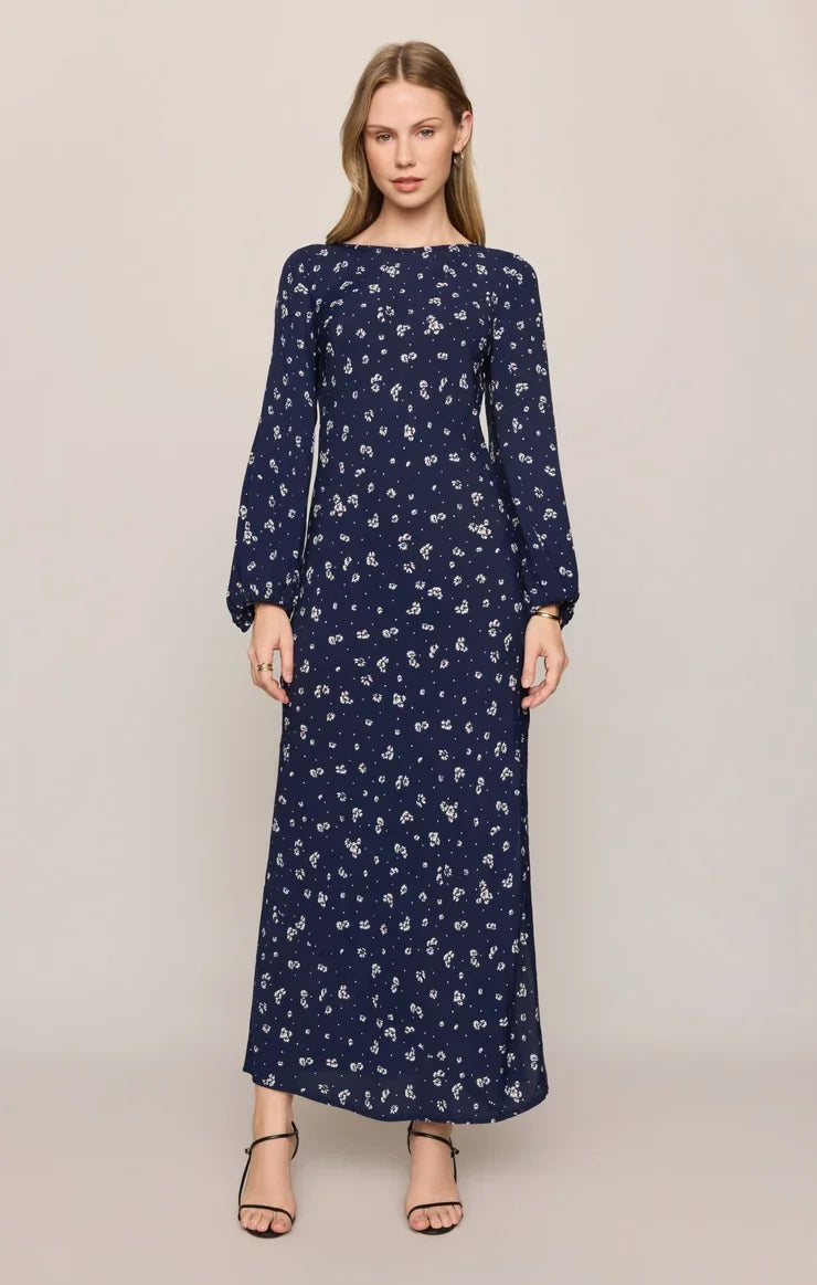 Midnight Tansy Floral Midi Dress- Oxford Blue