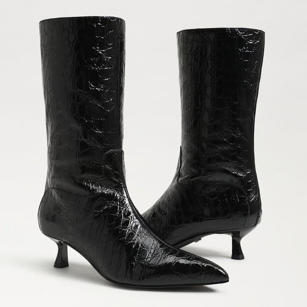 Ramona Mid Calf Boot- Black Croc Leather