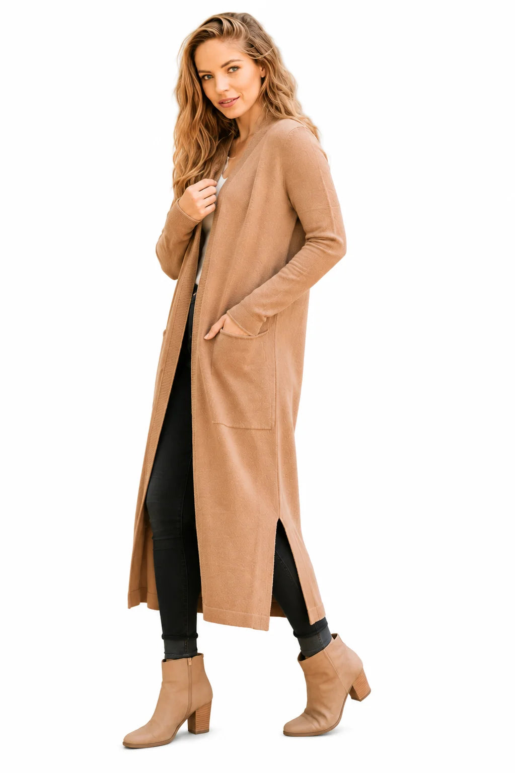 Women’s Long Knit Duster Cardigan – Camel