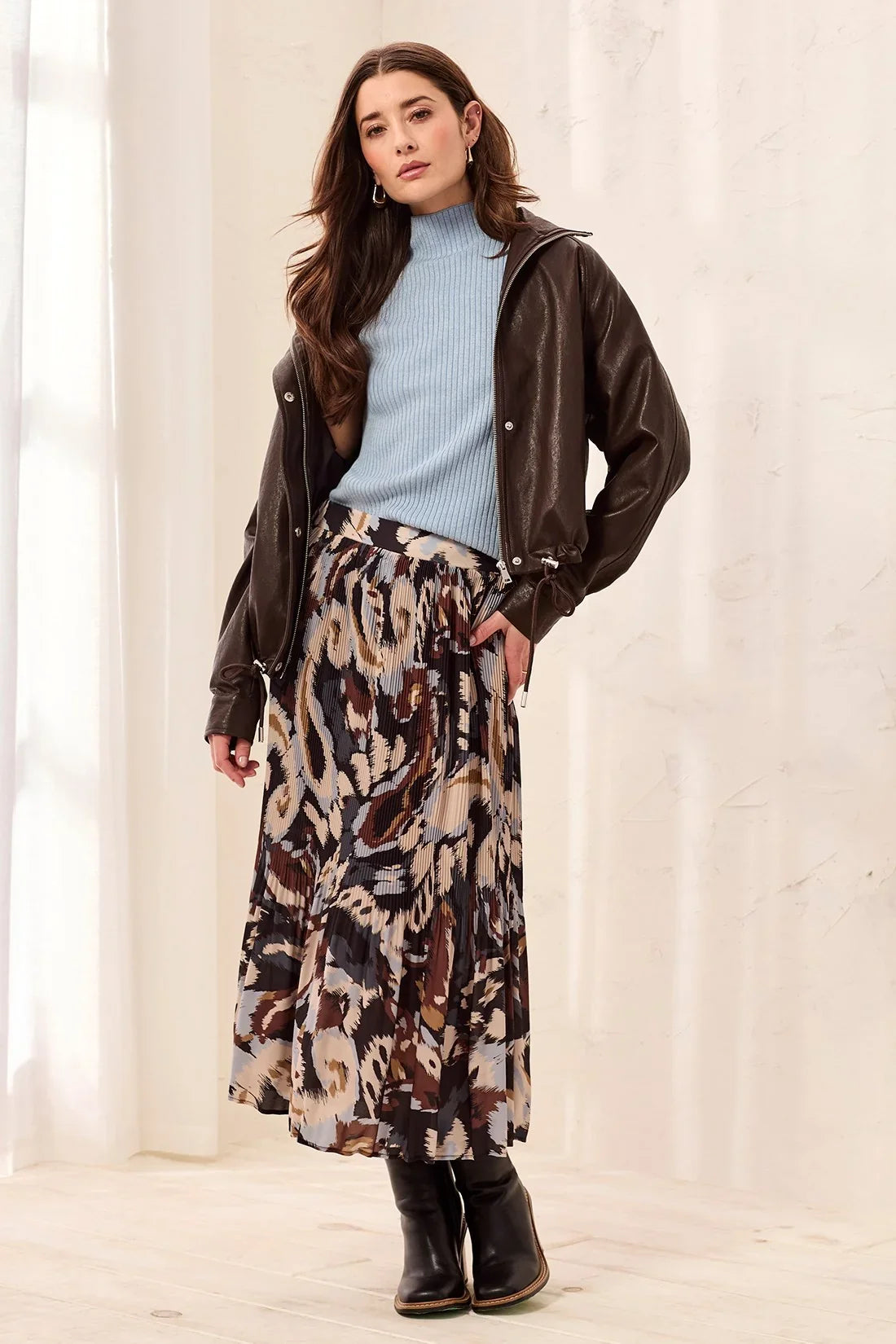 Flowy Plisse Printed Crepe Skirt- Steel