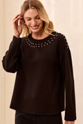 Techno Lux Studded Crew Neck Top- Black