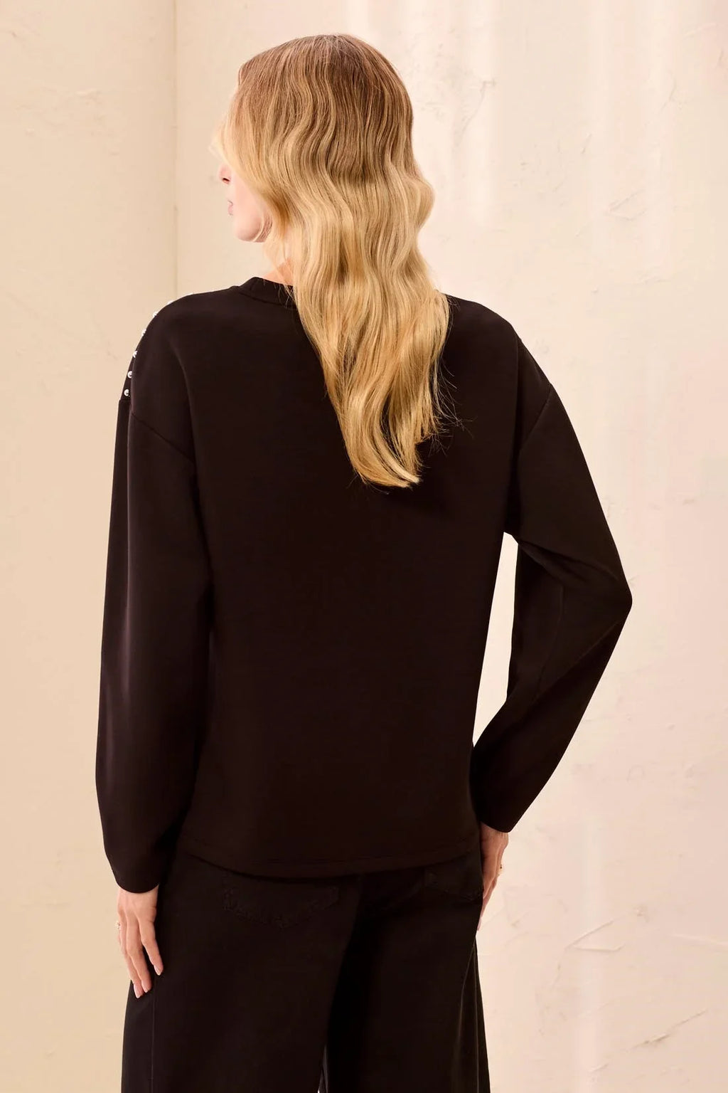 Techno Lux Studded Crew Neck Top- Black