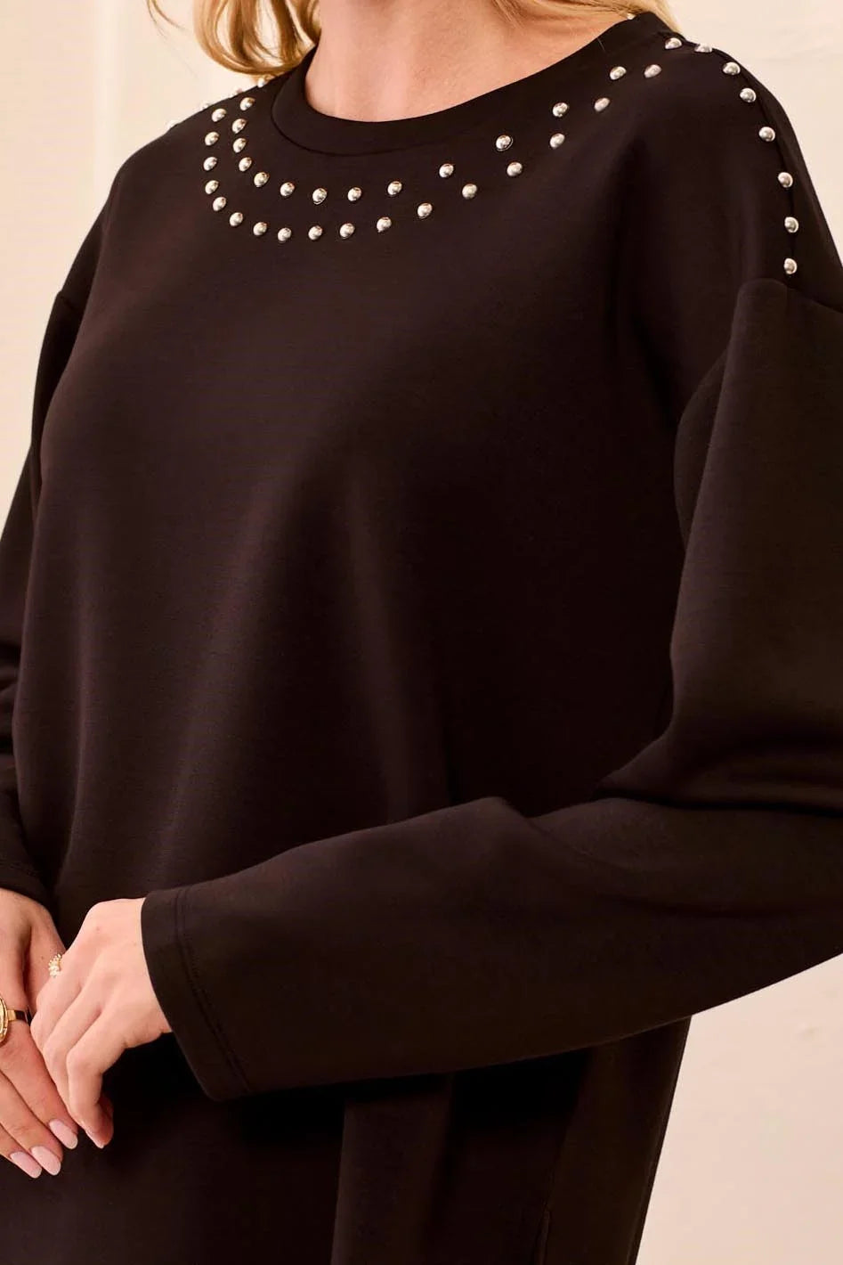 Techno Lux Studded Crew Neck Top- Black
