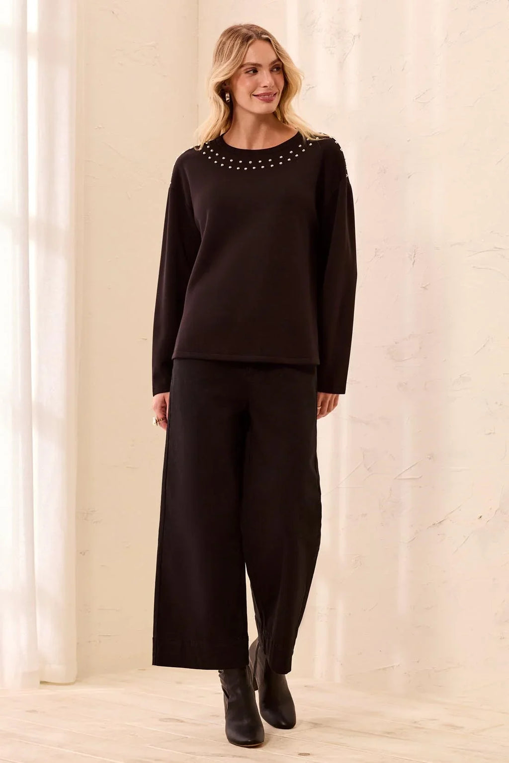 Techno Lux Studded Crew Neck Top- Black