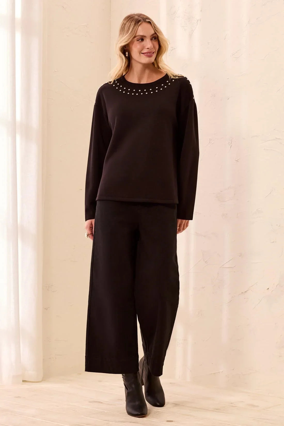 Techno Lux Studded Crew Neck Top- Black